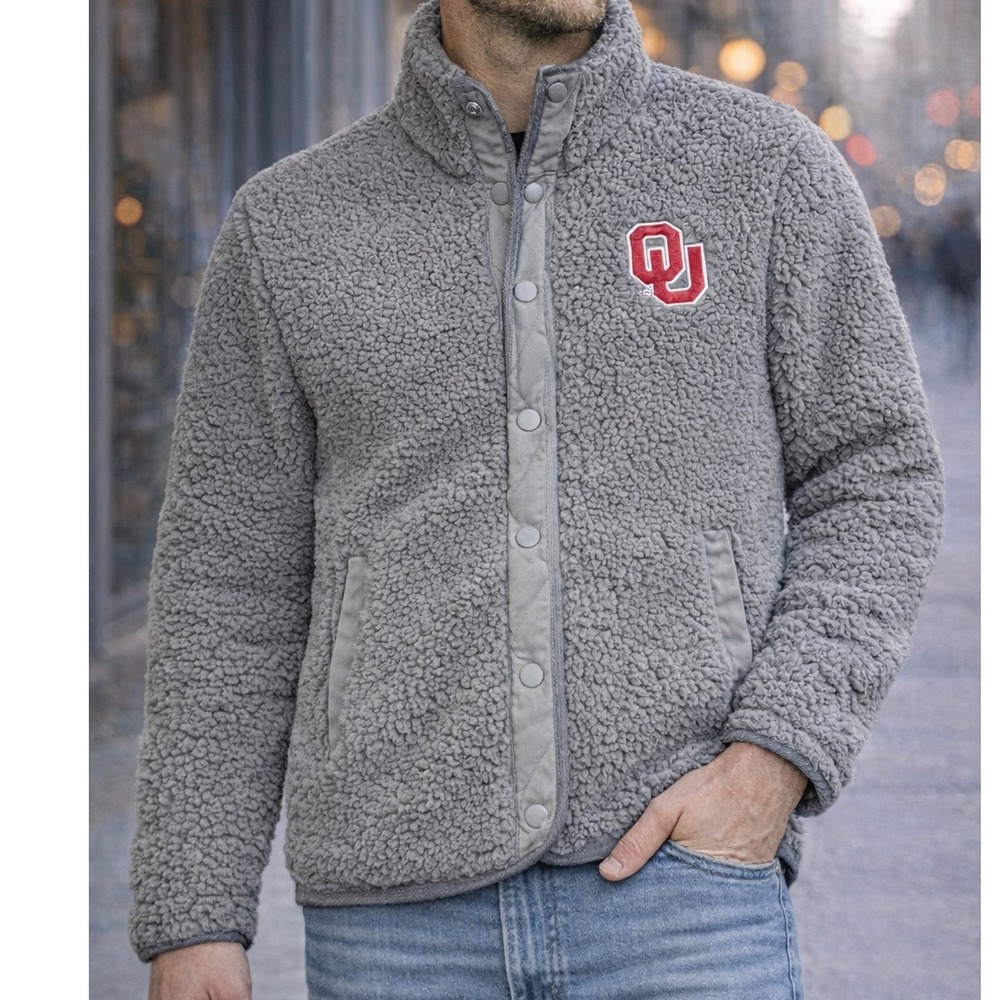Oklahoma Sooners Fanatics Sherpa Fleece Jacket Men's Small Gray‎ Snap Front NWOT